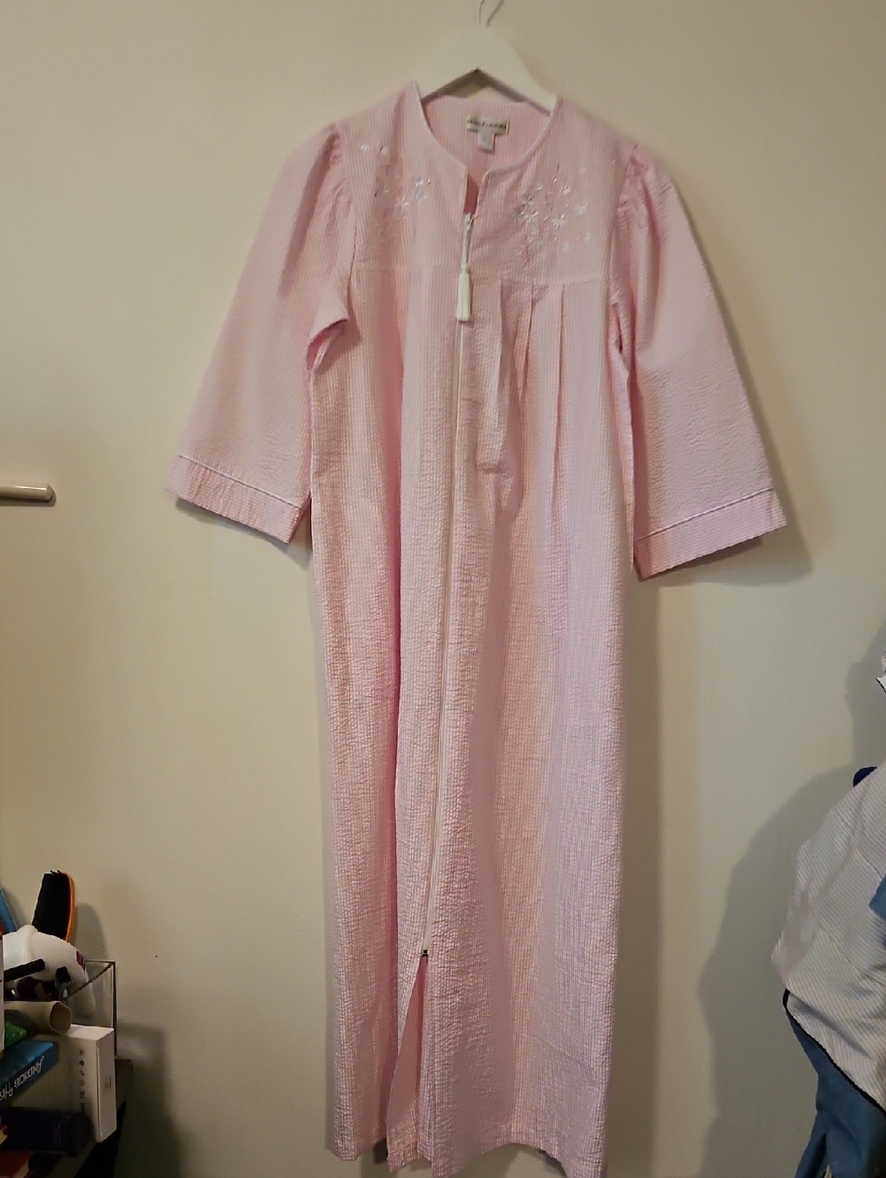 Miss Elaine Light Pink Long Zip-Front Nightgown with Embroidered Yoke S